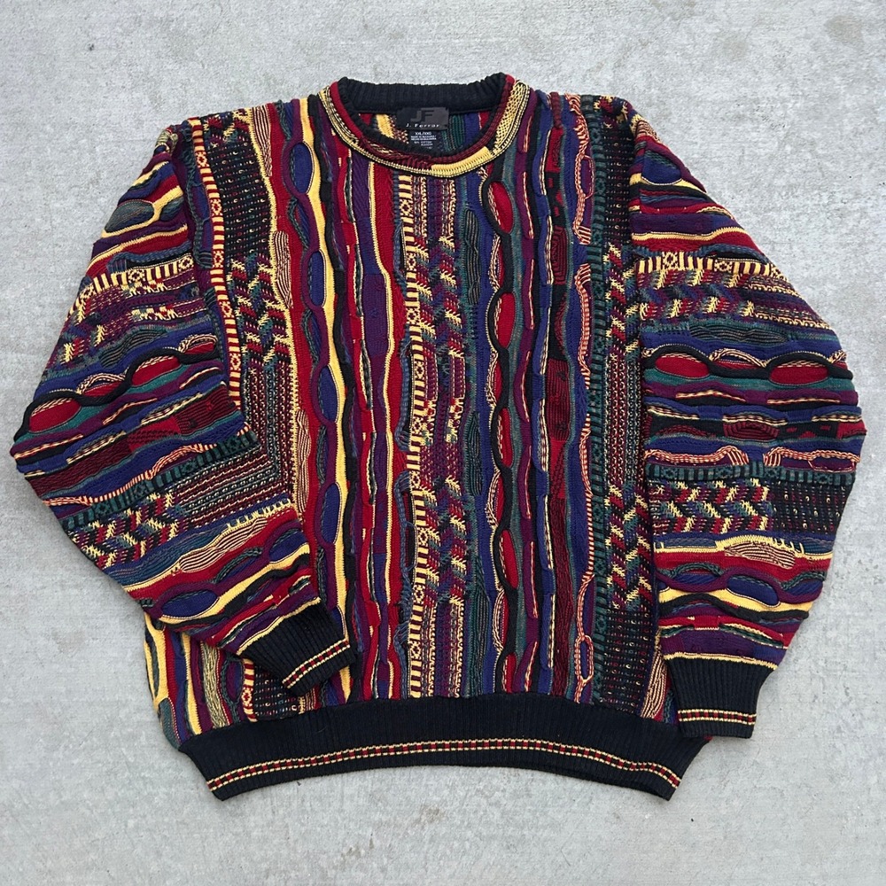 J. Ferrar Vintage 90s 3D Textured Knit Sweater XXL Multi Color Coogi Style Baggy